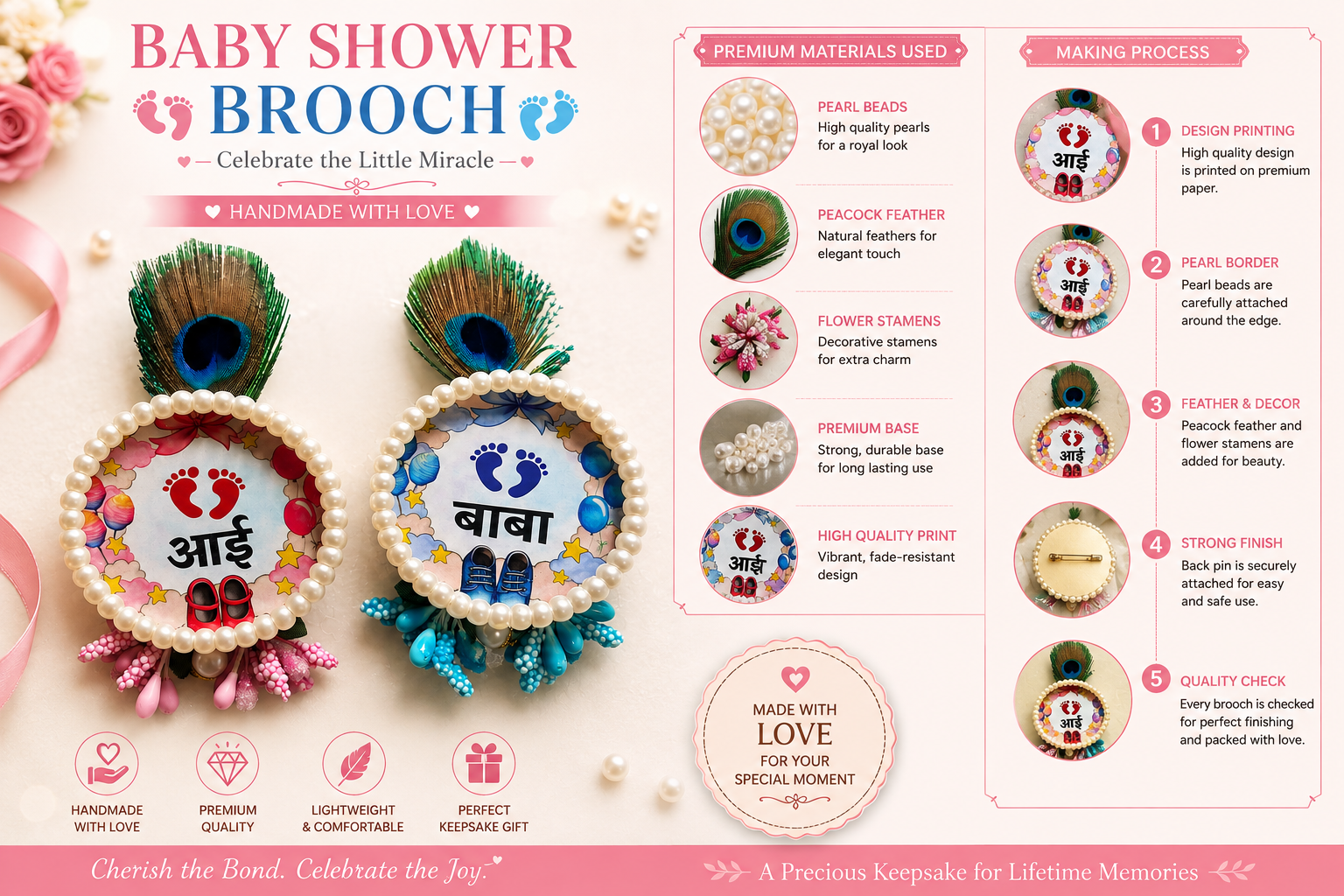 Premium Aai Baba Brooch Set for Baby Shower | Marathi आई बाबा Badge | Dohale Jevan Ceremony Brooch | Godh Bharai Function Accessories | Unique Baby Shower Keepsake Gift