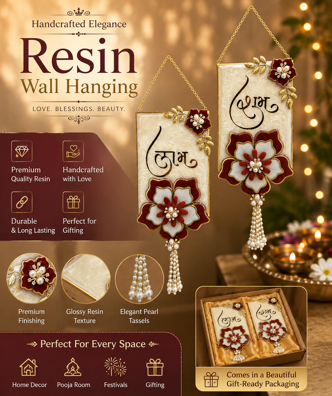 Shubh Labh Door Hanging Set | Handcrafted Resin Diwali Toran with Velvet Flowers & Pearl Latkan