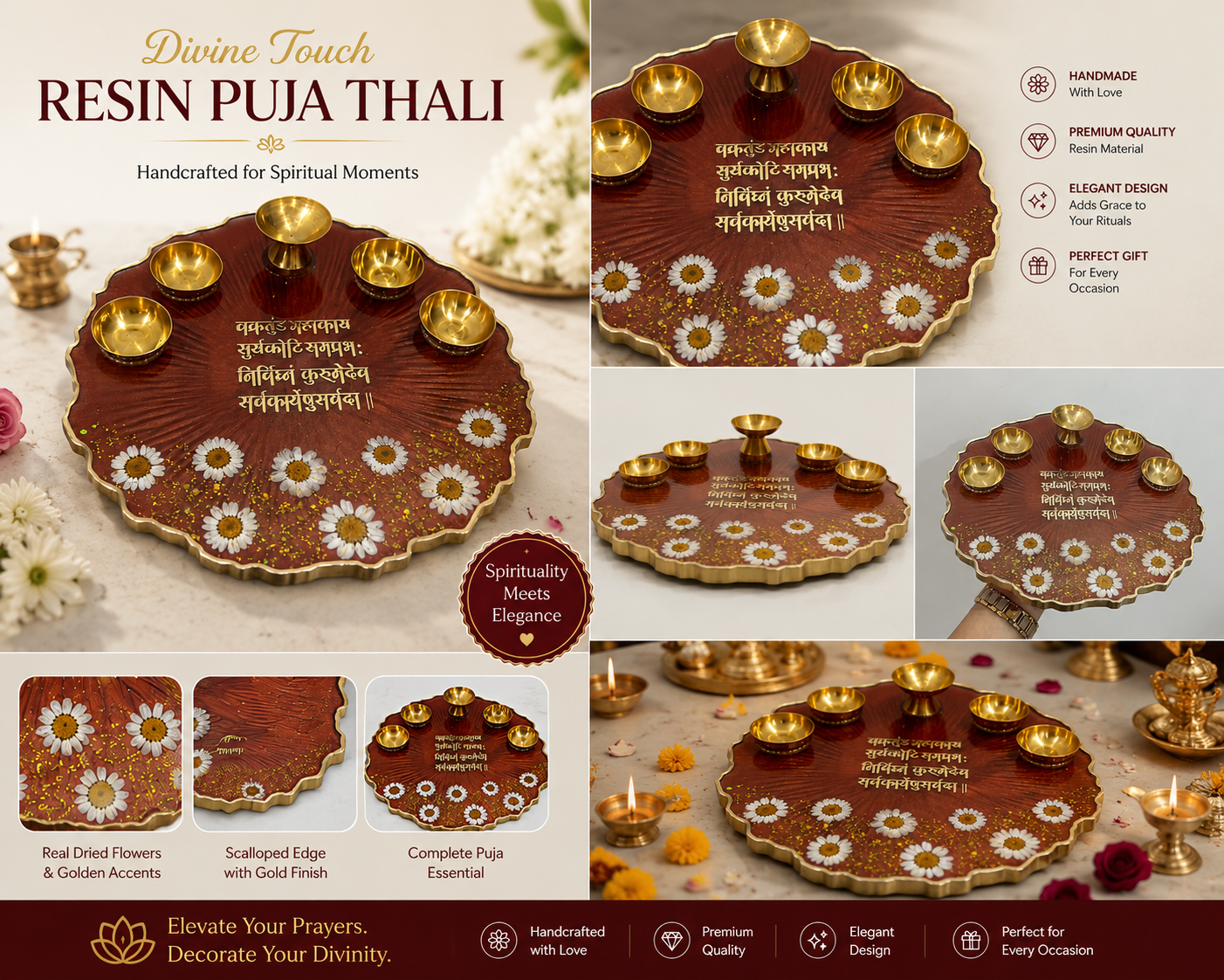 "Resin Puja Thali with Dried Flowers – Handmade Decorative Pooja Plate for Diwali, Home Temple & Gifting"
