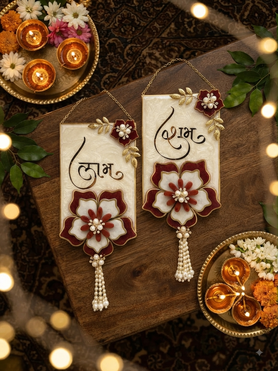 Shubh Labh Door Hanging Set | Handcrafted Resin Diwali Toran with Velvet Flowers & Pearl Latkan
