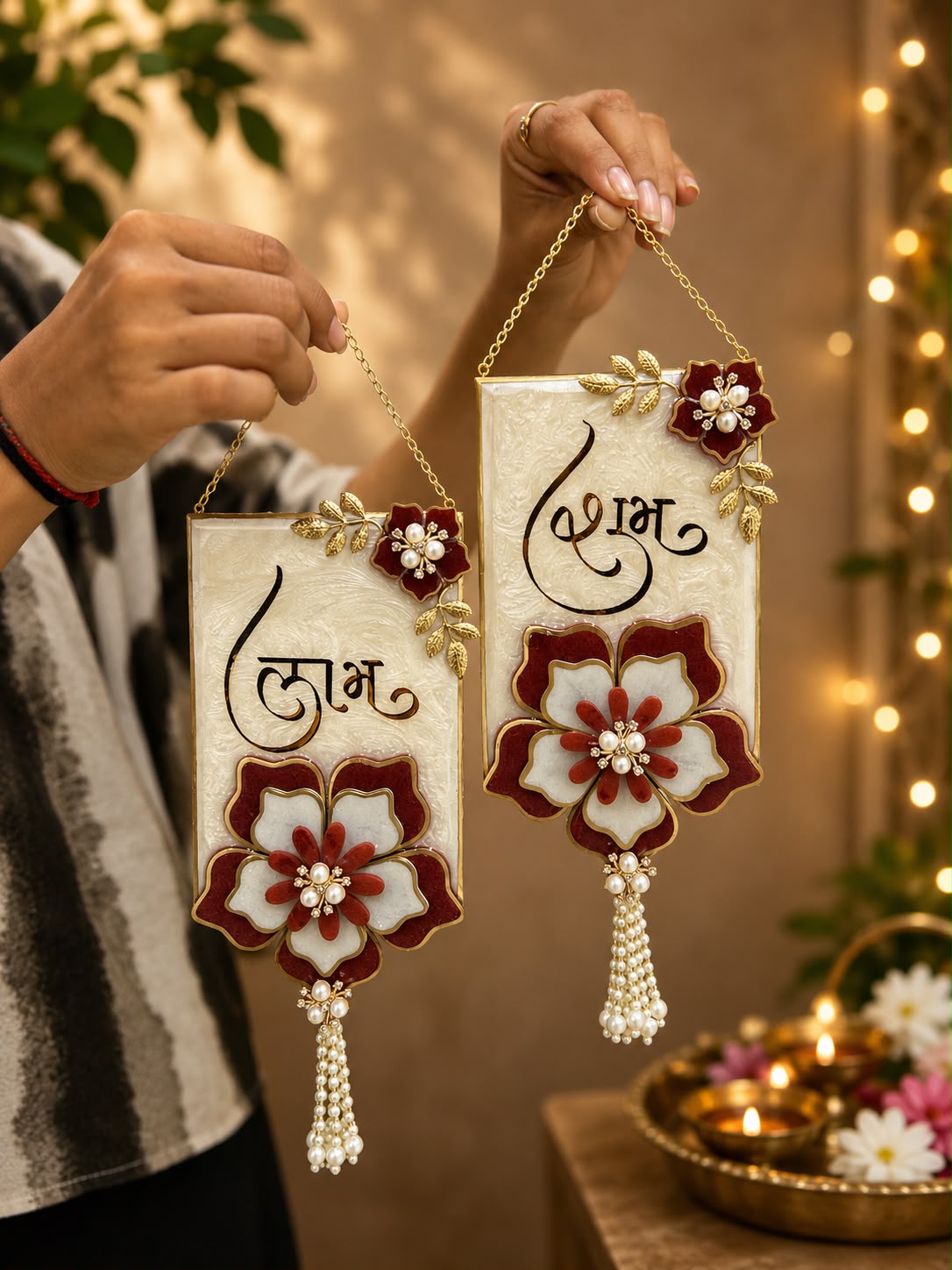 Shubh Labh Door Hanging Set | Handcrafted Resin Diwali Toran with Velvet Flowers & Pearl Latkan