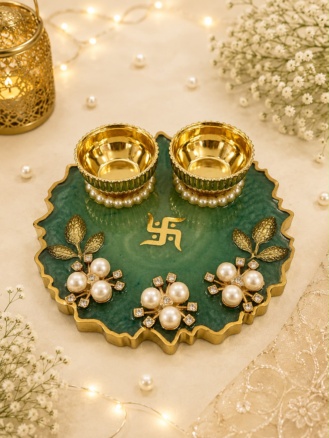 Premium Green Resin Pooja Thali Set with Golden Diya Bowls & Pearl Floral Decor